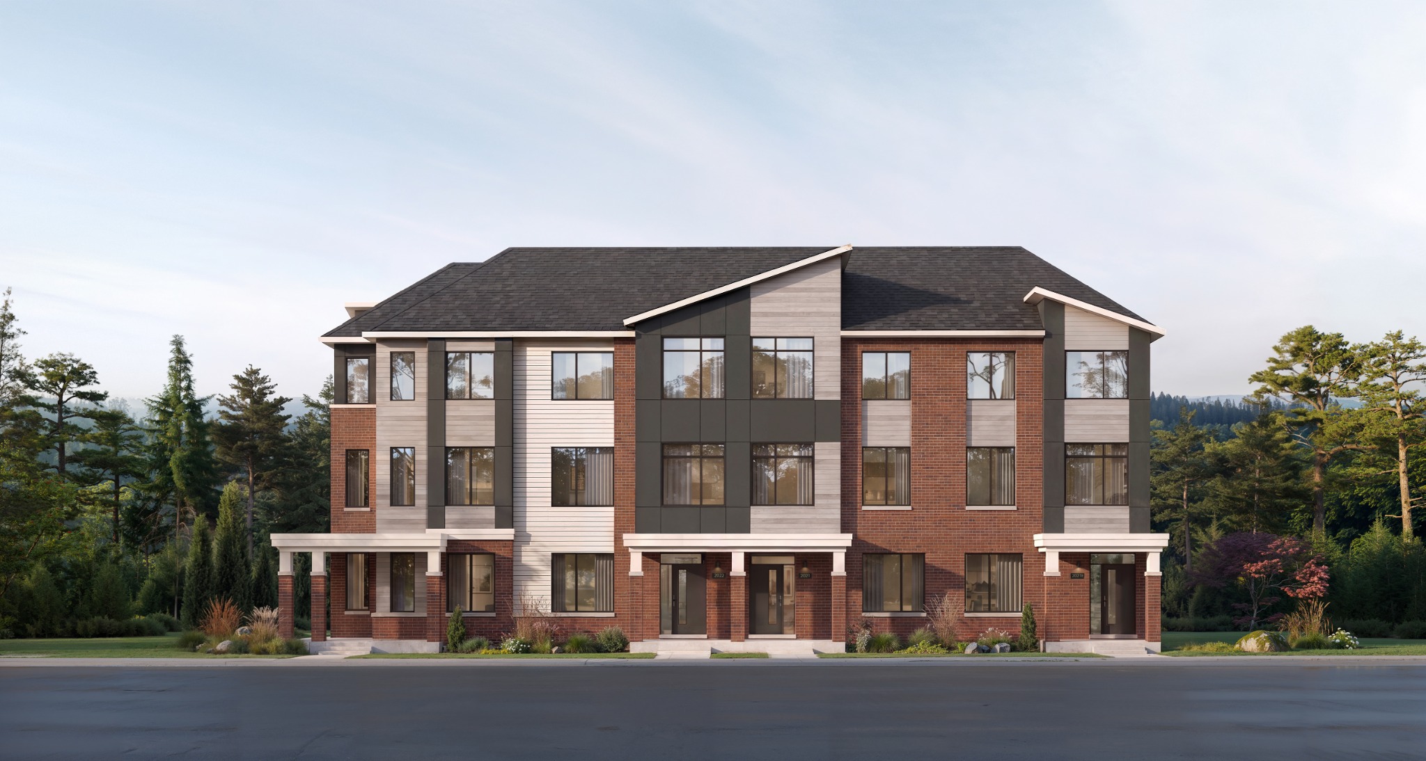 Five Oaks Oakville – Advantage Townhomes with Legal Secondary Suite, Elevation B Five Oaks Oakville Advantage townhomes with legal secondary suites, Elevation B exterior rendering by Caivan
