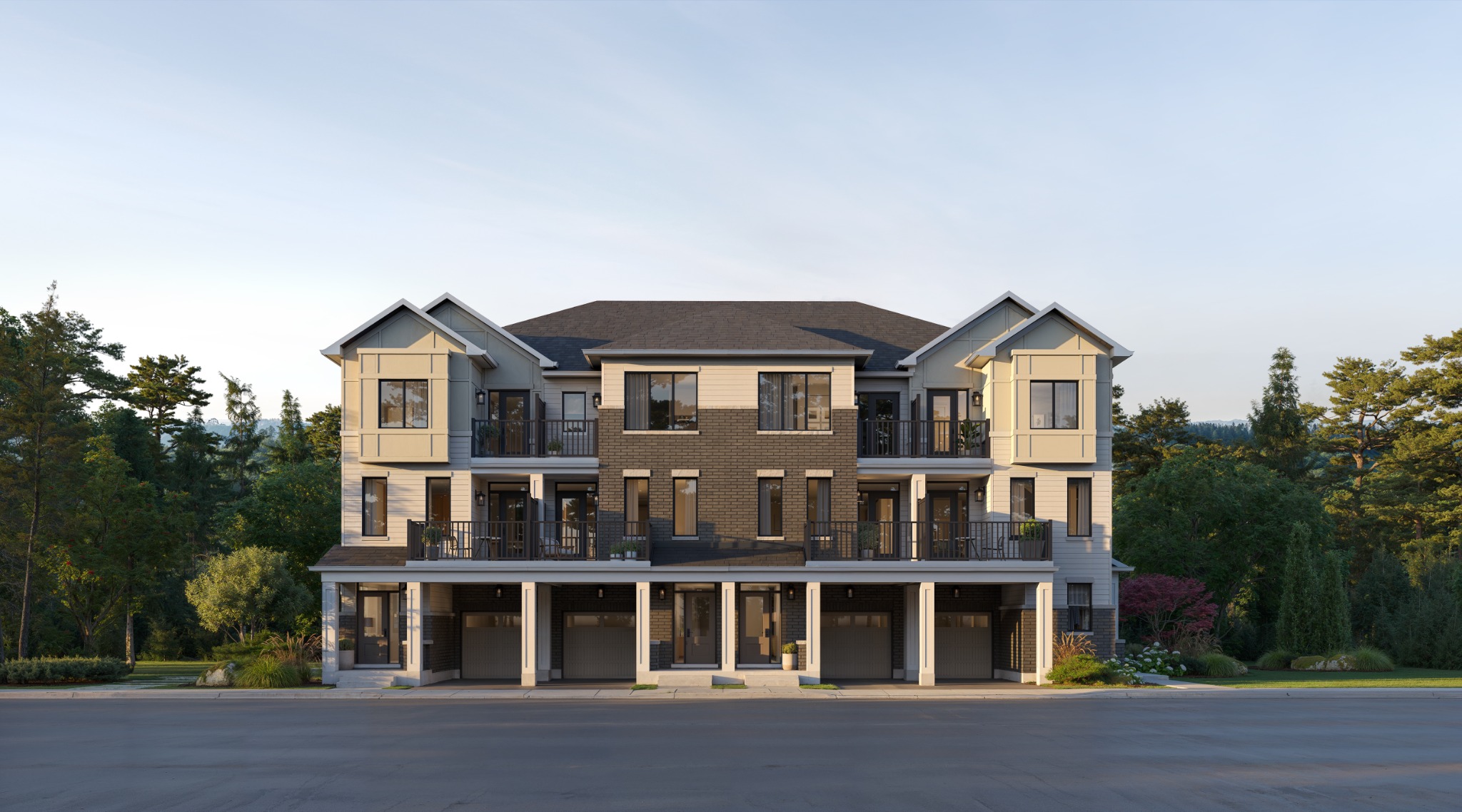 Five Oaks Oakville – Ashford Back-to-Back Townhomes, Elevation A Five Oaks Oakville Ashford back-to-back townhomes, Elevation A exterior rendering by Caivan